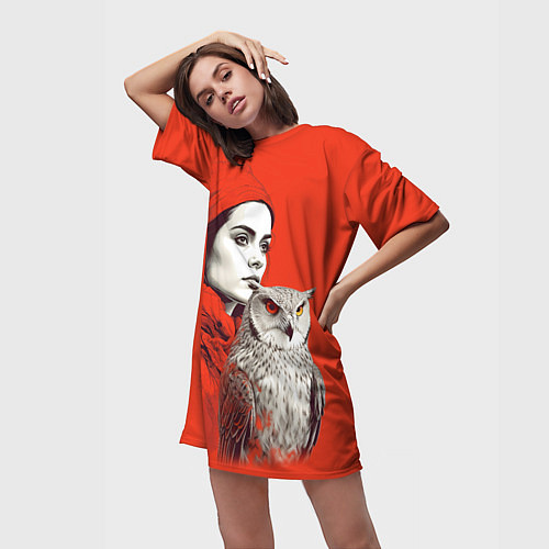 Женская длинная футболка Леди в красном с совой / 3D-принт – фото 3