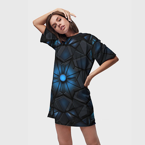 Женская длинная футболка Калейдоскопные черные и синие узоры / 3D-принт – фото 3