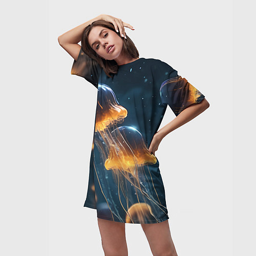 Женская длинная футболка Люминисцентные медузы / 3D-принт – фото 3