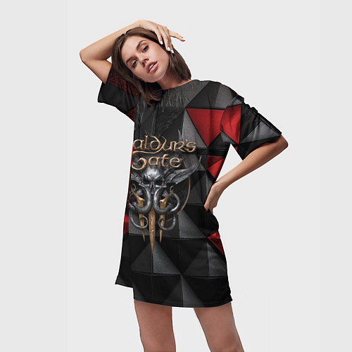 Женская длинная футболка Baldurs Gate 3 logo red black / 3D-принт – фото 3