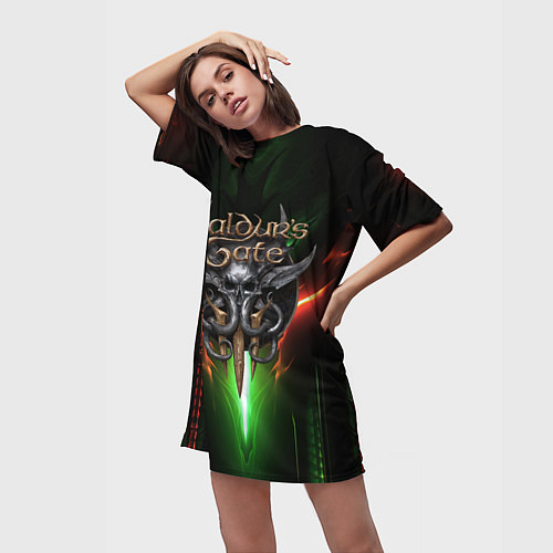 Женская длинная футболка Baldurs Gate 3 logo green red light / 3D-принт – фото 3