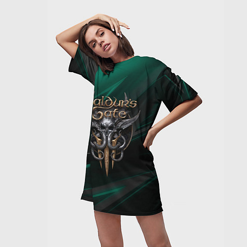 Женская длинная футболка Baldurs Gate 3 logo green geometry / 3D-принт – фото 3