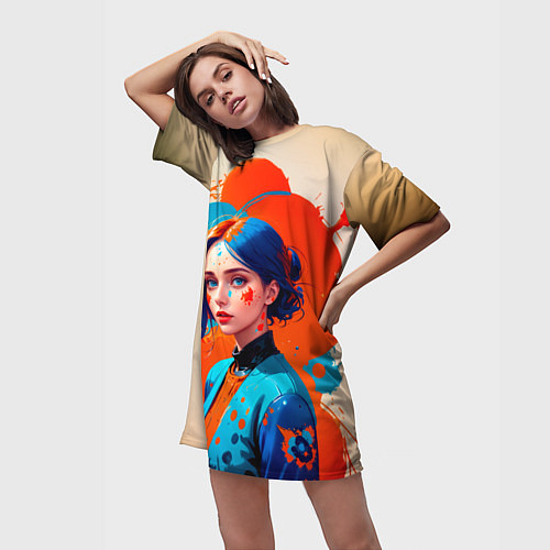 Женская длинная футболка Девушка в брызгах краски / 3D-принт – фото 3