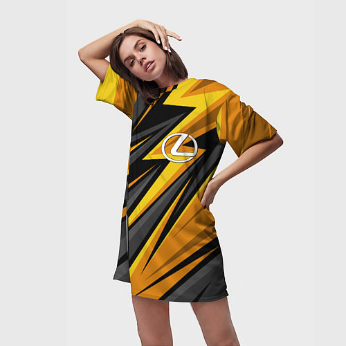 Женская длинная футболка Лексус - желтая спортивная абстракция / 3D-принт – фото 3