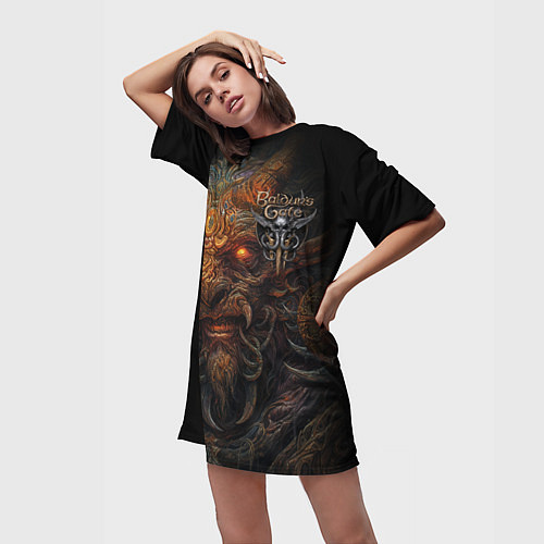 Женская длинная футболка Baldurs Gate 3 logo demon / 3D-принт – фото 3