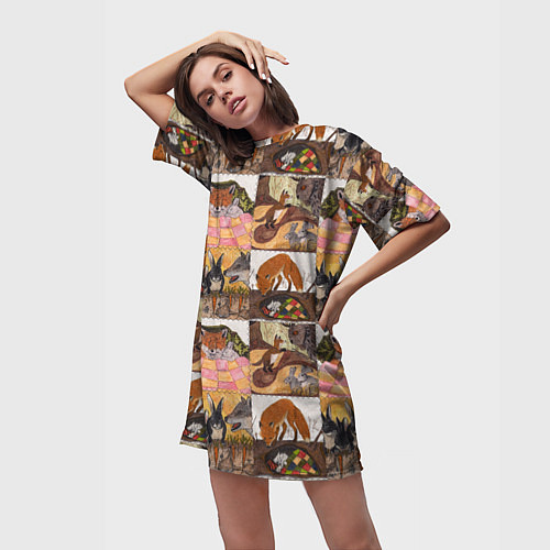 Женская длинная футболка Коллаж из рисунков с лисой / 3D-принт – фото 3