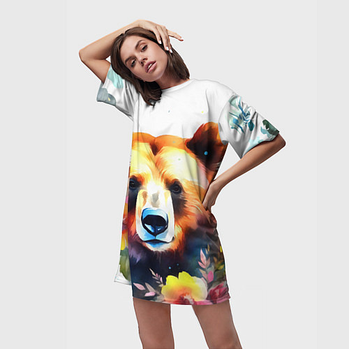 Женская длинная футболка Морда медведя гризли с цветами акварелью / 3D-принт – фото 3
