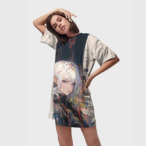 Женская длинная футболка Милая девушка в информационном потоке / 3D-принт – фото 3