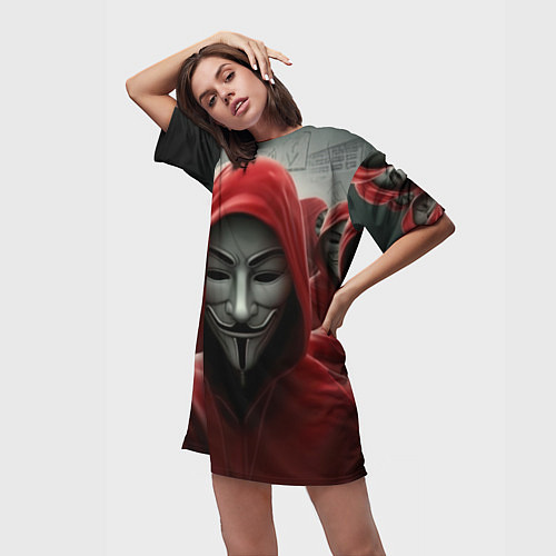 Женская длинная футболка Анонимусы в красных капюшонах / 3D-принт – фото 3