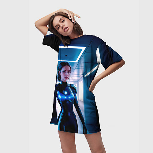 Женская длинная футболка Девушка биоробот на космической станции / 3D-принт – фото 3
