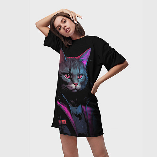 Женская длинная футболка Кот в стиле киберпанк / 3D-принт – фото 3