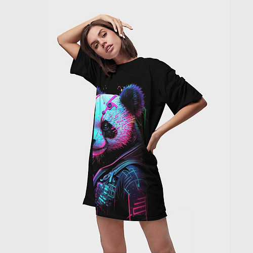 Женская длинная футболка Панда в красках киберпанк / 3D-принт – фото 3