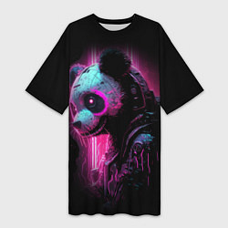 Женская длинная футболка Панда киберпанк в фиолетовом свете