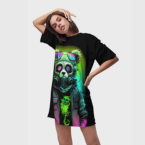 Женская длинная футболка Панда киберпанк кислотный зеленый / 3D-принт – фото 3