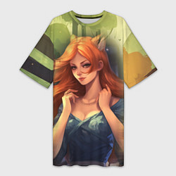 Футболка женская длинная Девушка лисица в лесу, цвет: 3D-принт