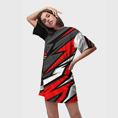 Женская длинная футболка Митсубиси - красный спортивный / 3D-принт – фото 3