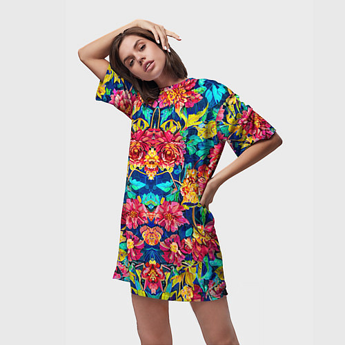 Женская длинная футболка Зеркальный цветочный паттерн - мода / 3D-принт – фото 3