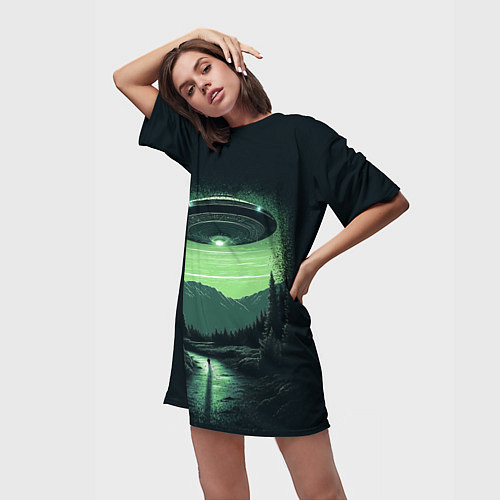 Женская длинная футболка НЛО в лесу / 3D-принт – фото 3