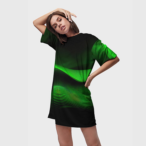 Женская длинная футболка Зеленые абстрактные волны / 3D-принт – фото 3