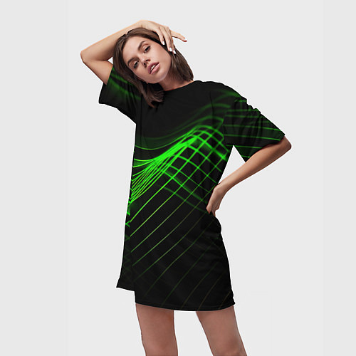 Женская длинная футболка Зеленые яркие линии / 3D-принт – фото 3