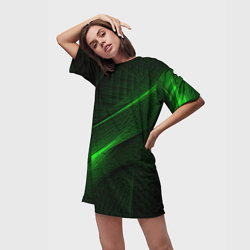 Женская длинная футболка Green neon lines / 3D-принт – фото 3