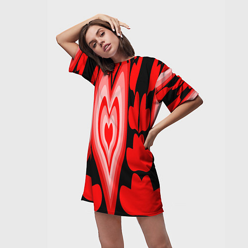 Женская длинная футболка Сердечки с красными узорами / 3D-принт – фото 3