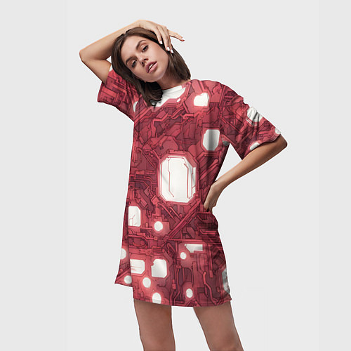 Женская длинная футболка Красные Кибер схемы неон / 3D-принт – фото 3