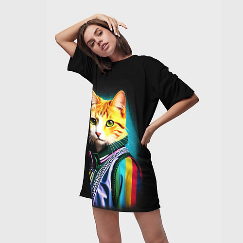 Женская длинная футболка Модный рыжий кот - неон - поп-арт / 3D-принт – фото 3