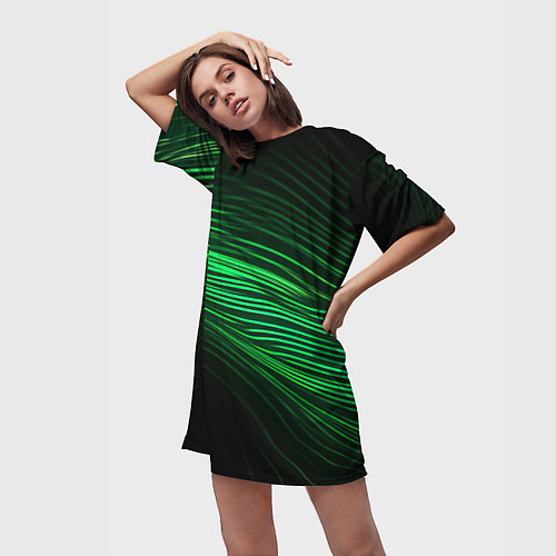 Женская длинная футболка Green neon lines / 3D-принт – фото 3
