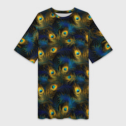 Женская длинная футболка Перья павлина на черном фоне