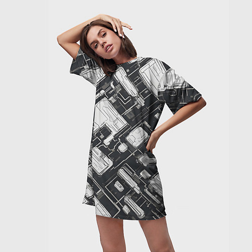 Женская длинная футболка Полосы Чёрно-белые киберпанк / 3D-принт – фото 3