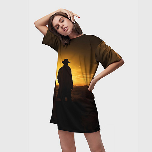 Женская длинная футболка Ковбой на закате / 3D-принт – фото 3