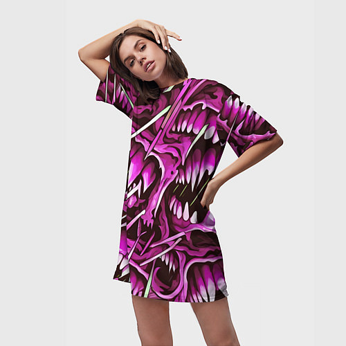 Женская длинная футболка Розовые кислотные клыки / 3D-принт – фото 3