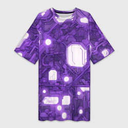 Футболка женская длинная Фиолетовые кибернетические схемы неон, цвет: 3D-принт