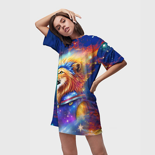 Женская длинная футболка Космический лев - неоновое свечение / 3D-принт – фото 3