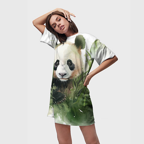 Женская длинная футболка Панда акварель / 3D-принт – фото 3