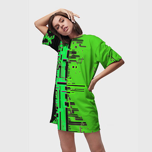 Женская длинная футболка Кибер-глитч зелёный / 3D-принт – фото 3