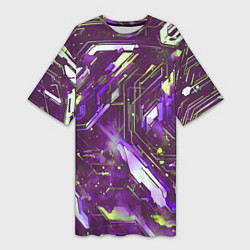 Футболка женская длинная Космические кибер схемы фиолетовые, цвет: 3D-принт