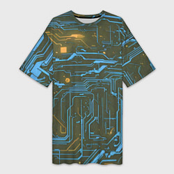 Футболка женская длинная Кибер схемы Синий и жёлтый, цвет: 3D-принт