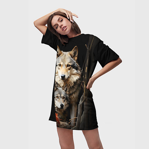 Женская длинная футболка Волчица с волчонком / 3D-принт – фото 3