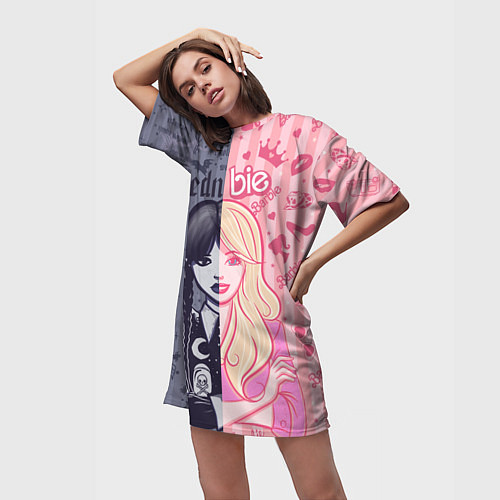 Женская длинная футболка Барби и Уэнсдей - мои две личности: в стиле тату / 3D-принт – фото 3