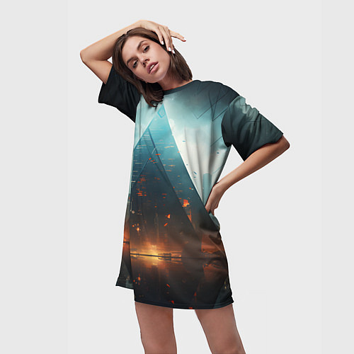 Женская длинная футболка Кибергород / 3D-принт – фото 3
