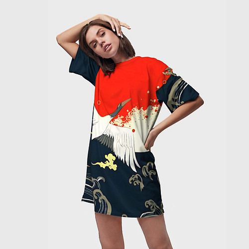 Женская длинная футболка Кимоно с японскими журавлями / 3D-принт – фото 3