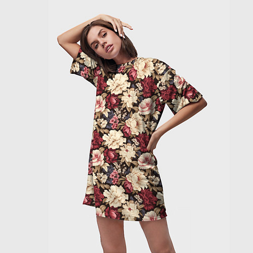 Женская длинная футболка Винтажные цветы паттерн / 3D-принт – фото 3