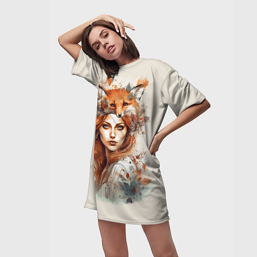 Женская длинная футболка Осенний портрет девушка-лиса / 3D-принт – фото 3