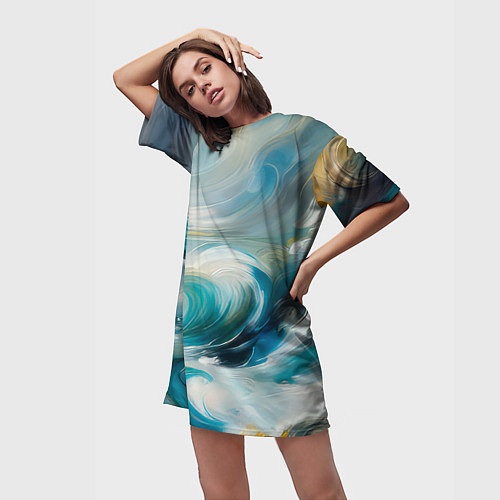 Женская длинная футболка Штормовые волны океана / 3D-принт – фото 3