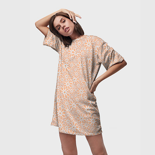 Женская длинная футболка Цветочный паттерн оттенок миндального крема / 3D-принт – фото 3