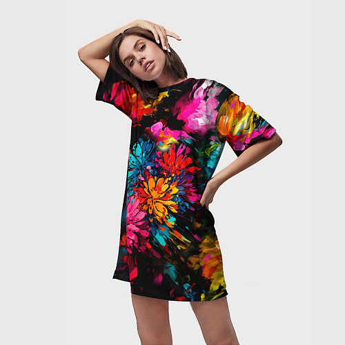Женская длинная футболка Краски и цветы / 3D-принт – фото 3