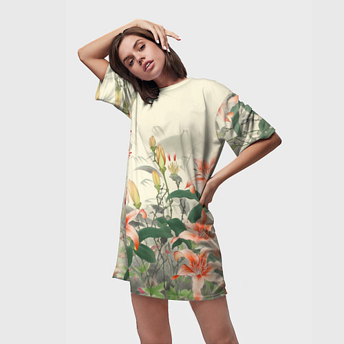 Женская длинная футболка Тигровые лилии - японский стиль / 3D-принт – фото 3