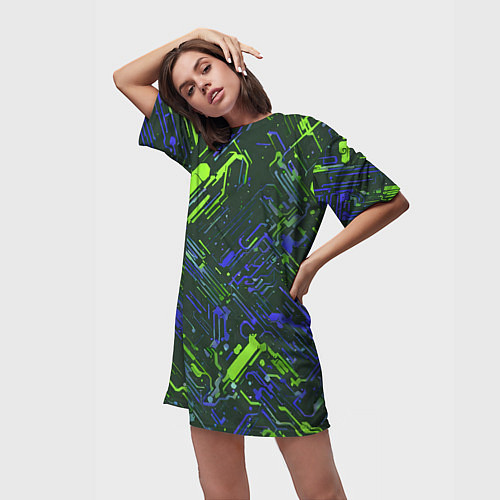 Женская длинная футболка Киберпанк линии зелёные и синие / 3D-принт – фото 3